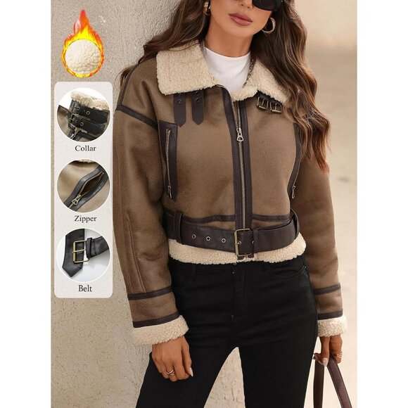 Women's Winter Faux Lamb Fur Leather Short Jacket Lapel Zipper Bomber Coat Camel - Picture 2 of 9
